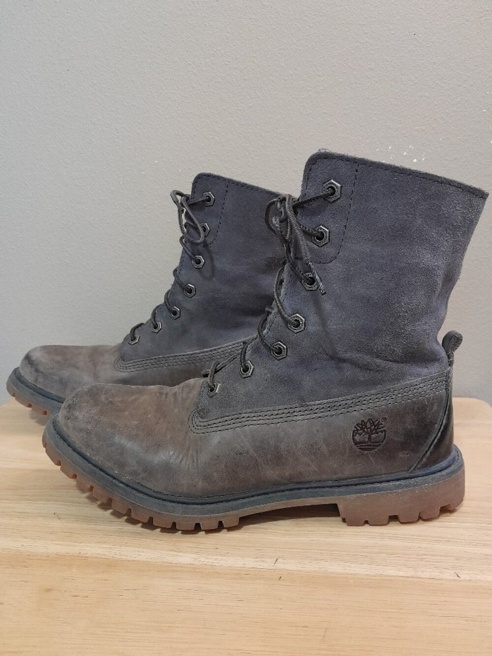 Timberland Suede Leather Grey Combat Work Boots Fold Over Lace Up Womens Size 8